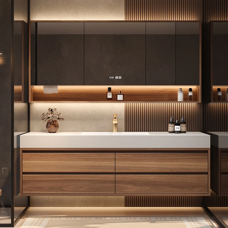 现代简约岩板无缝陶瓷盆浴室柜组合卫生间洗脸盆柜洗漱洗手盆定制