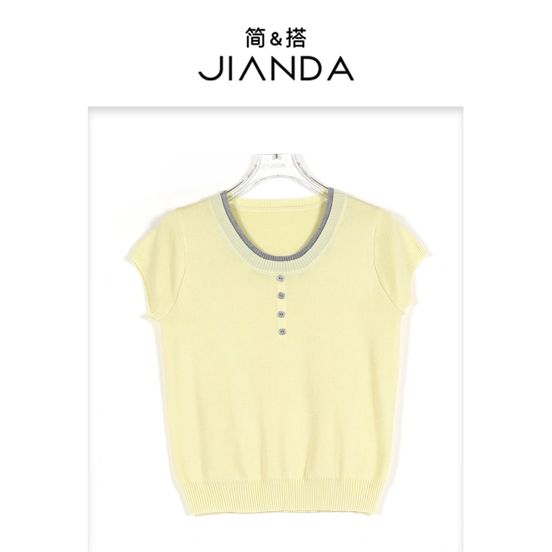 简&搭【千屿Sheila】拼色领小扣T恤252-TX/0327-2099