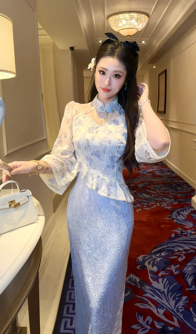 【媛珠 青花瓷】重工刺绣新中式国风蕾丝旗袍连衣裙收腰显瘦
