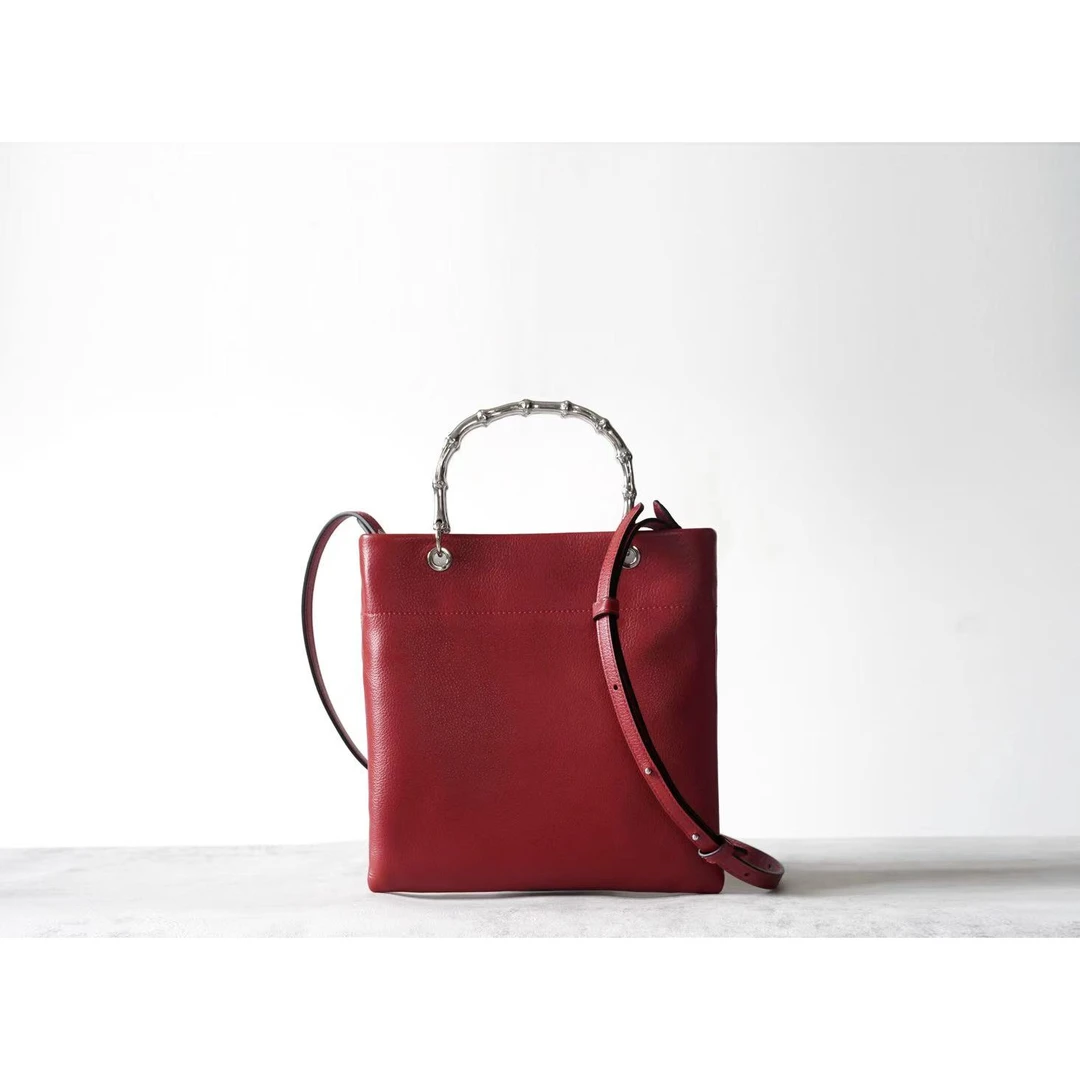 竹节tote红色新款时尚通勤真皮女包