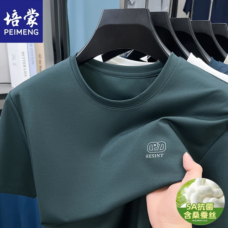 培蒙轻奢桑蚕丝短袖t恤夏季免烫弹力圆领宽松男士休闲t恤薄款汗衫