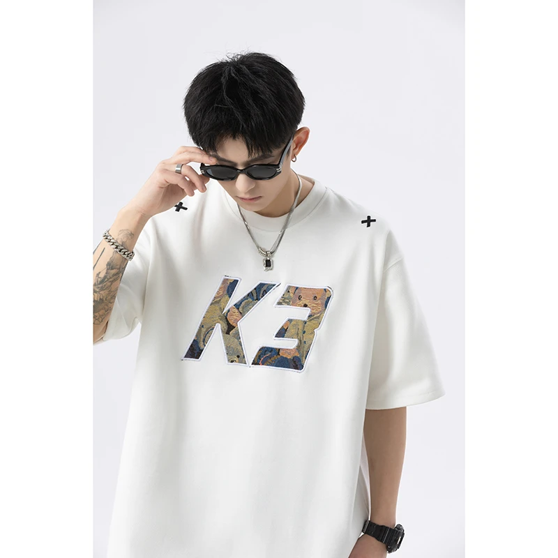 美式贴布绣短袖T恤男款夏季潮牌痞帅设计感运动重磅休闲宽松体恤
