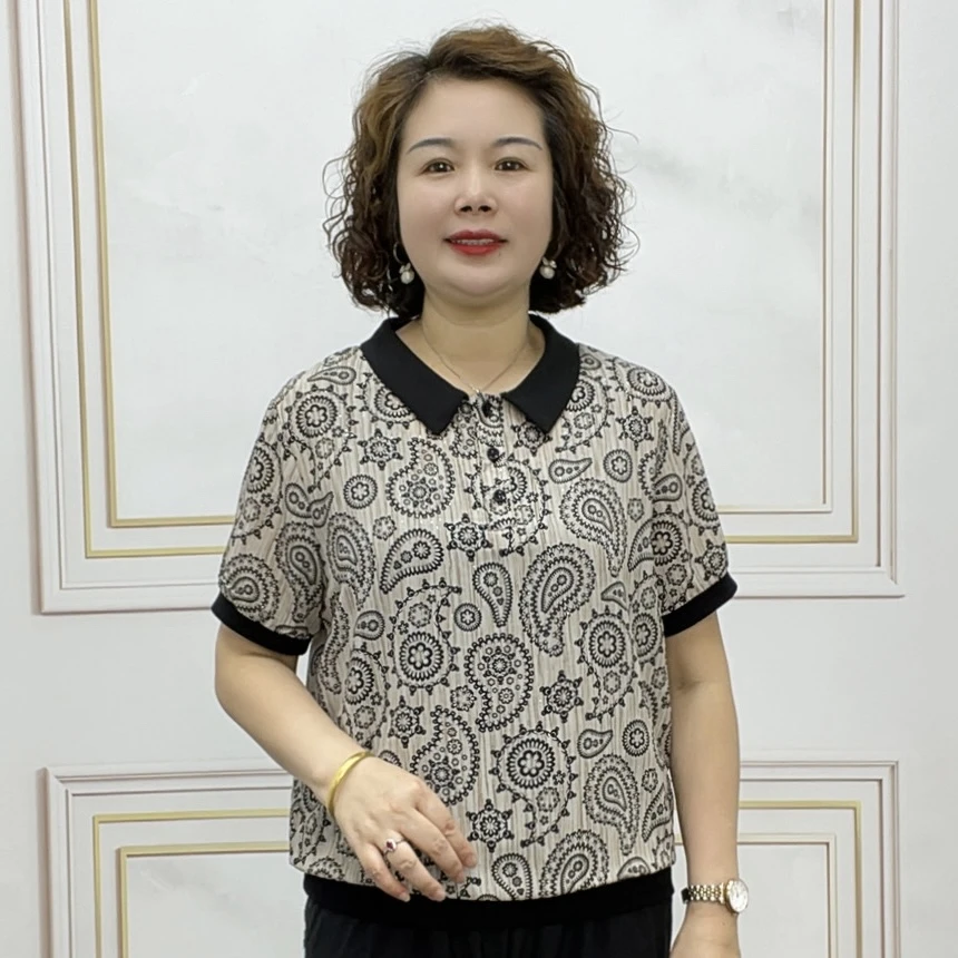 2025夏季时尚洋气休闲短袖薄款宽松减龄中老年百搭气质花色妈妈装