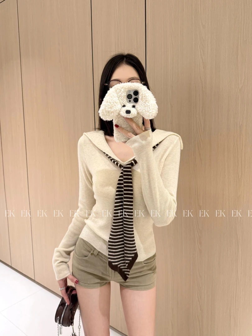 学院风海军领桑蚕丝羊毛针织衫女早秋新款条纹披肩假两件上衣 255