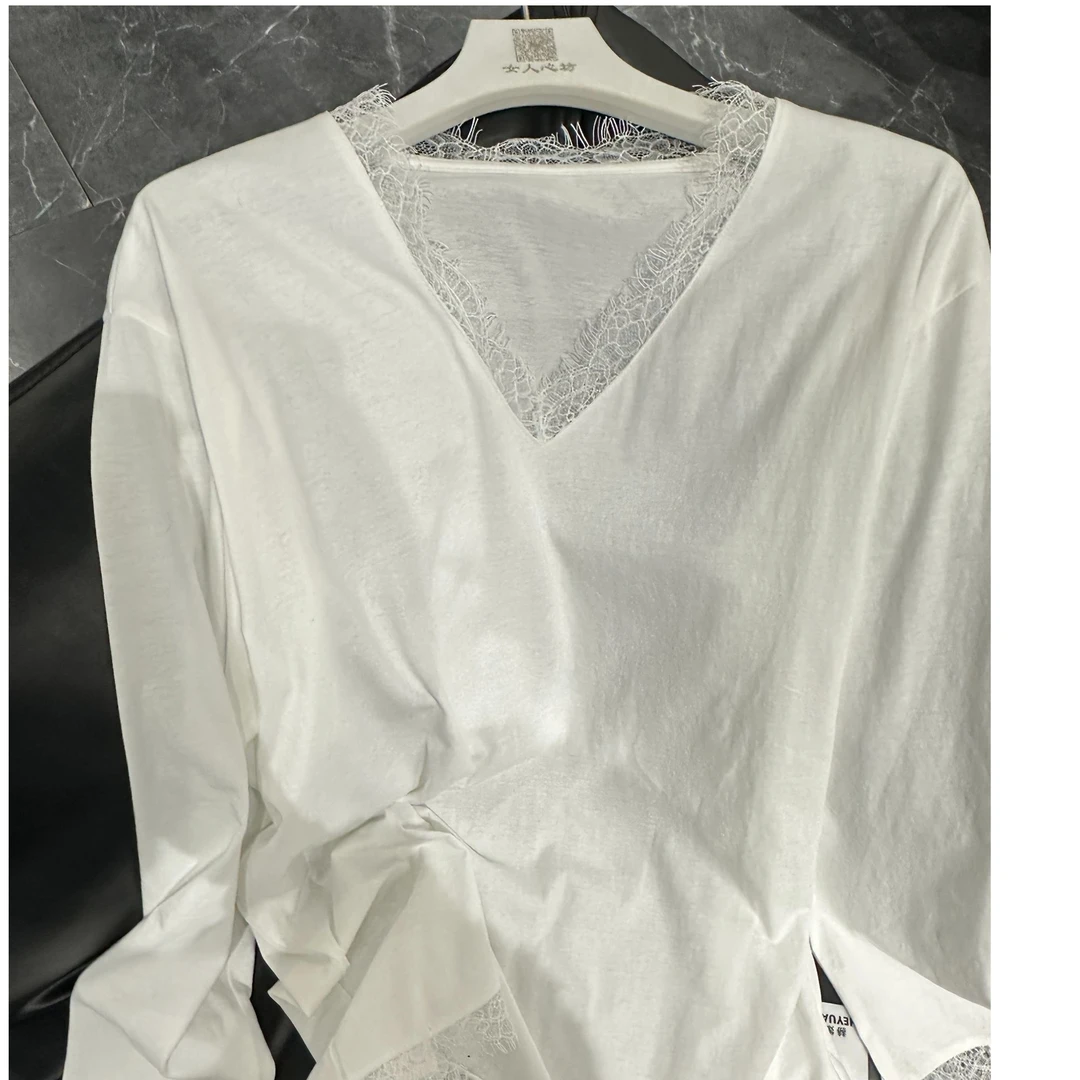 至简元素7157常规款长袖T恤内搭时尚气质纯色休闲女士v领蕾丝春季