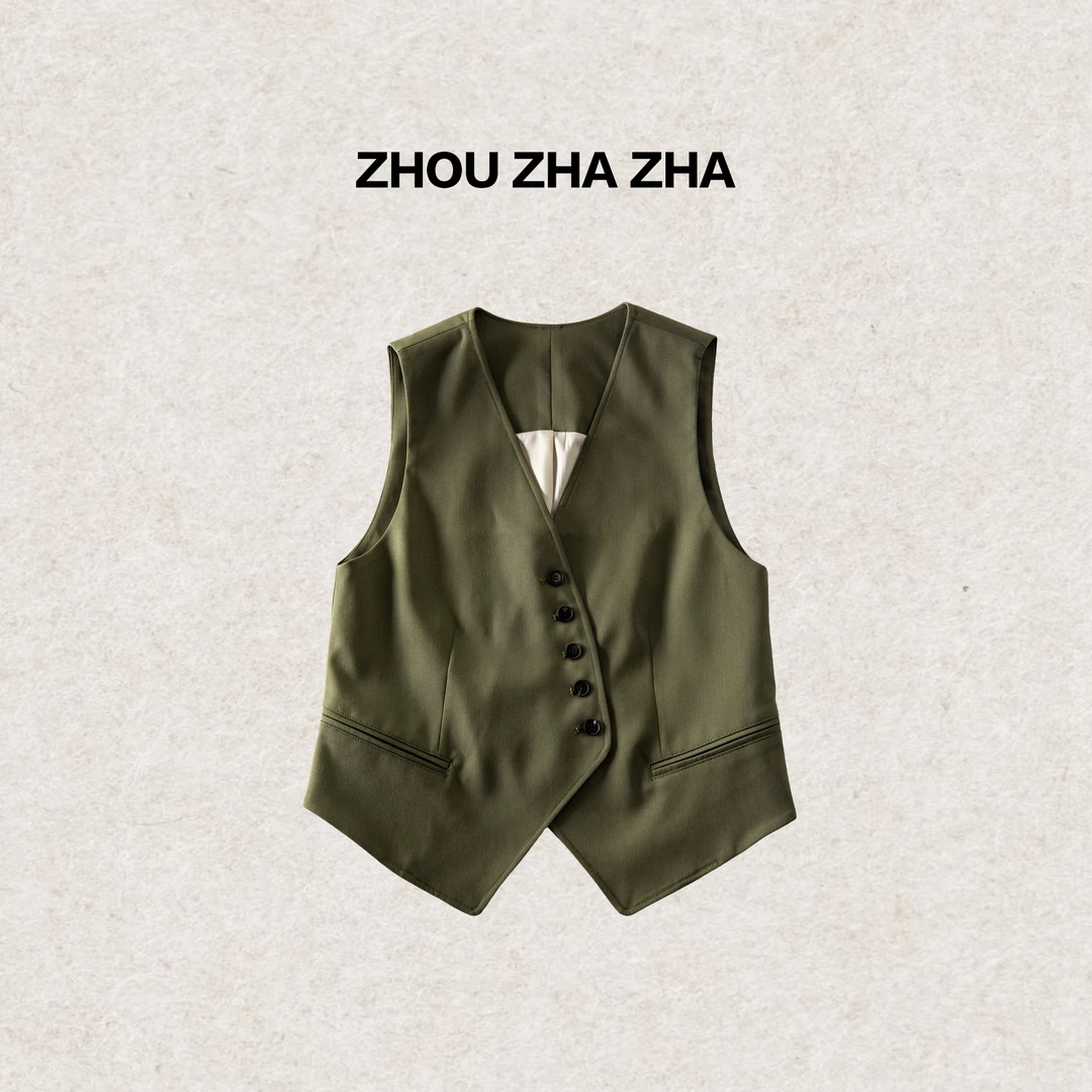 【周炸炸】复古时尚V领马甲设计感百搭休闲无袖坎肩上衣#250100