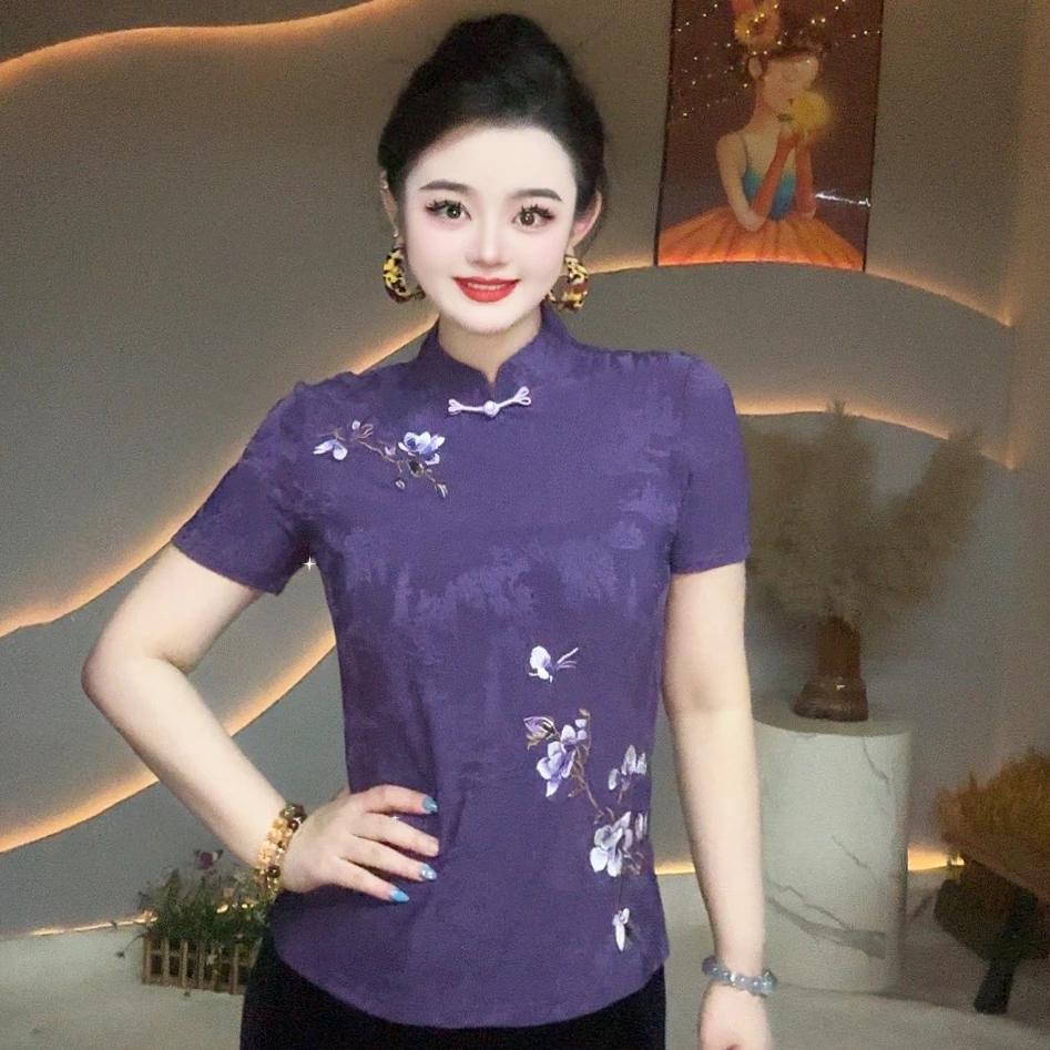 【重磅新款】新中式国风旗袍领玉兰花开爆款洋气重工短袖打底衫女