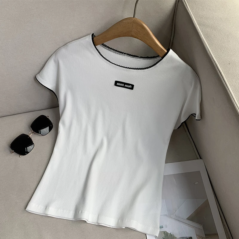 【南油溪溪】花边领口字母微标T恤夏季百搭显瘦圆领短袖女 800619