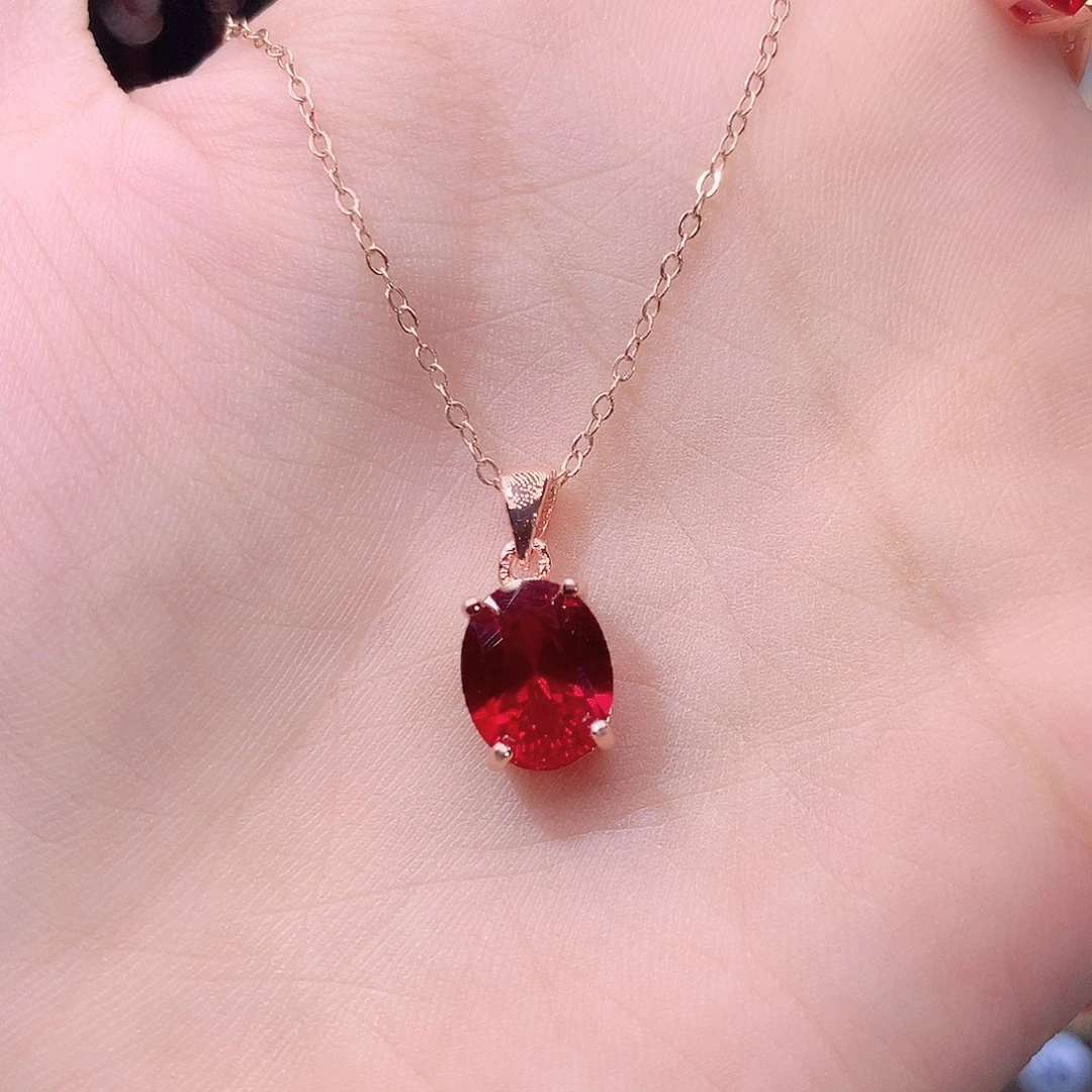 银S925镶嵌颈饰红宝石酒红玫瑰金810