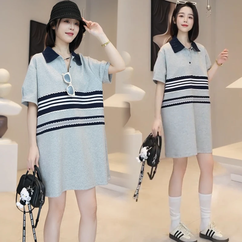 时尚短袖连衣裙女夏季新款洋气宽松遮肚子显瘦花边拼接条纹T恤裙