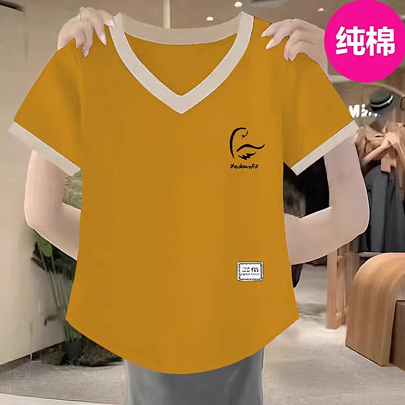 时尚洋气百搭V领纯棉短袖t恤女夏季新款气质减龄宽松半袖上衣外穿