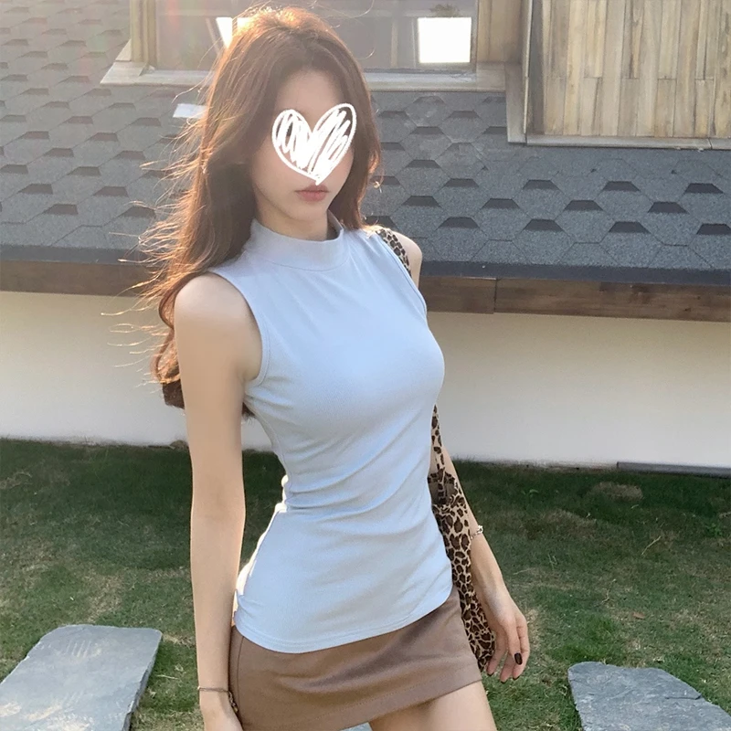 法式复古立领无袖T恤女夏季新款独特漂亮收腰显瘦纯欲辣妹上衣服