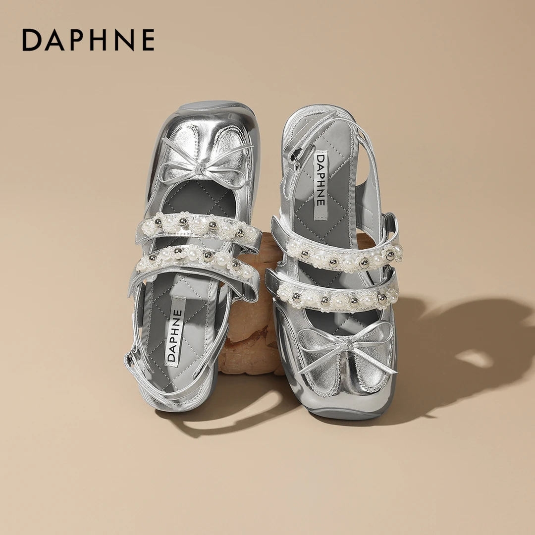 达芙妮新款包头凉鞋女2025夏季魔术贴蝴蝶结珍珠凉鞋芭蕾玛丽珍鞋