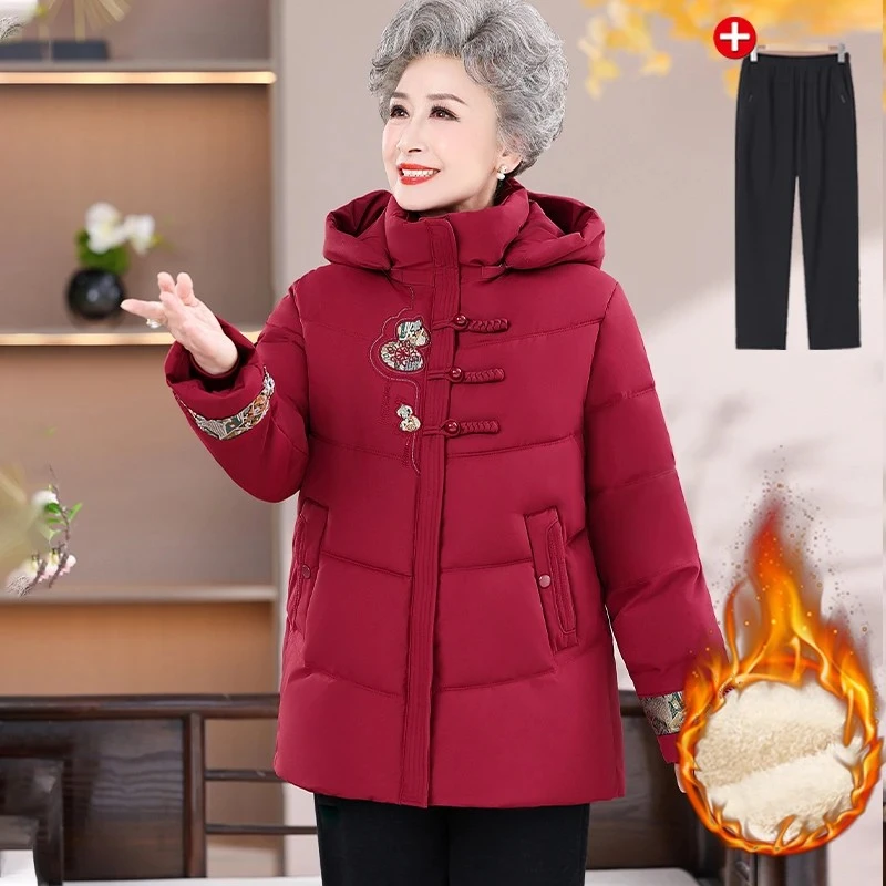 奶奶冬装加厚棉服中老年人连帽加绒外套女妈妈新中式保暖棉袄