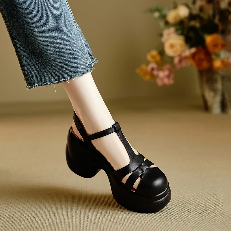 小个子增高9.5cm~百搭厚底镂空包头凉鞋女新款法式编织高跟罗马鞋