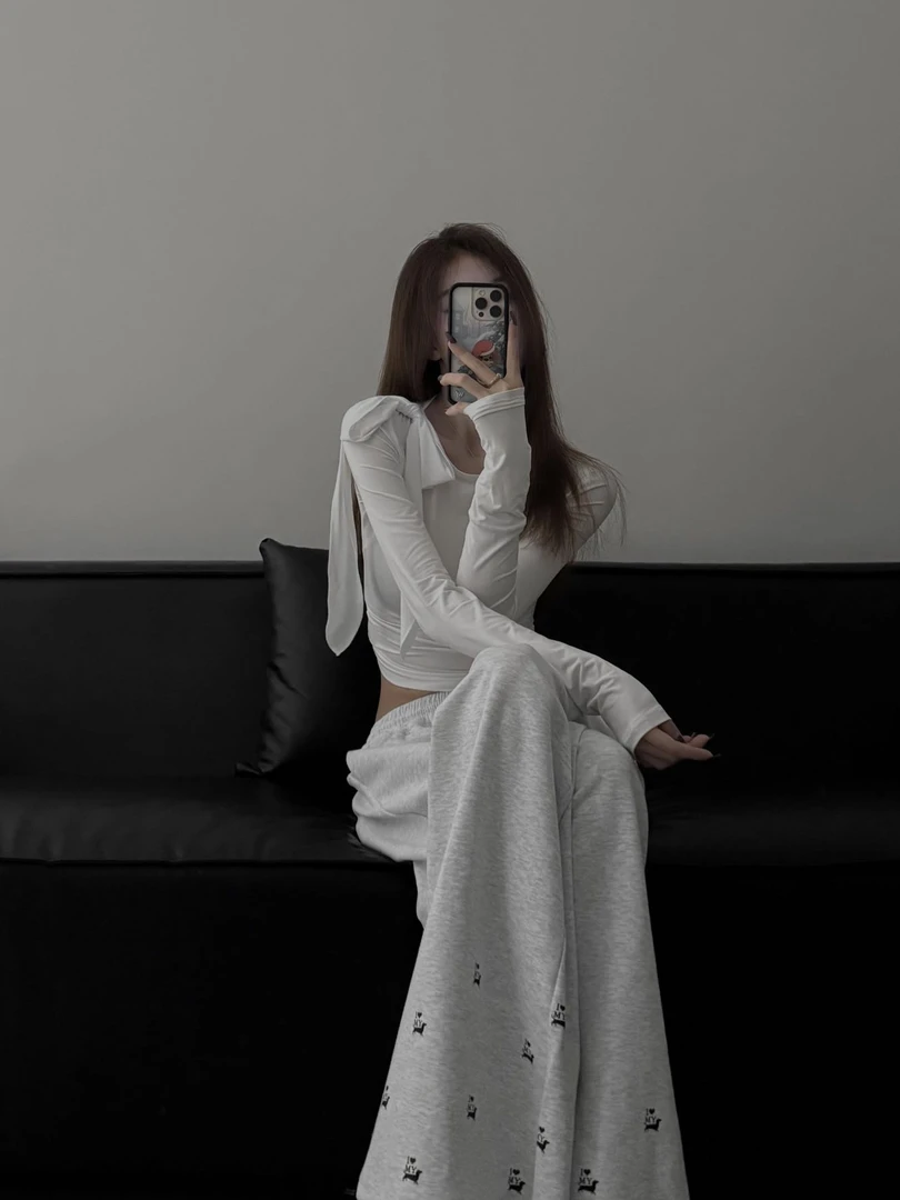 简约气质显瘦修身长袖洋气休闲百搭上衣宽松阔腿长裤时尚两件套女