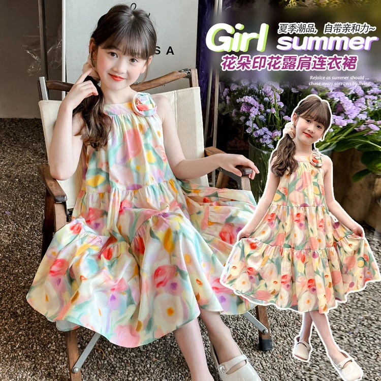 儿童新款韩版连衣裙潮品洋气露肩印花公主裙宝宝百搭中大童裙子