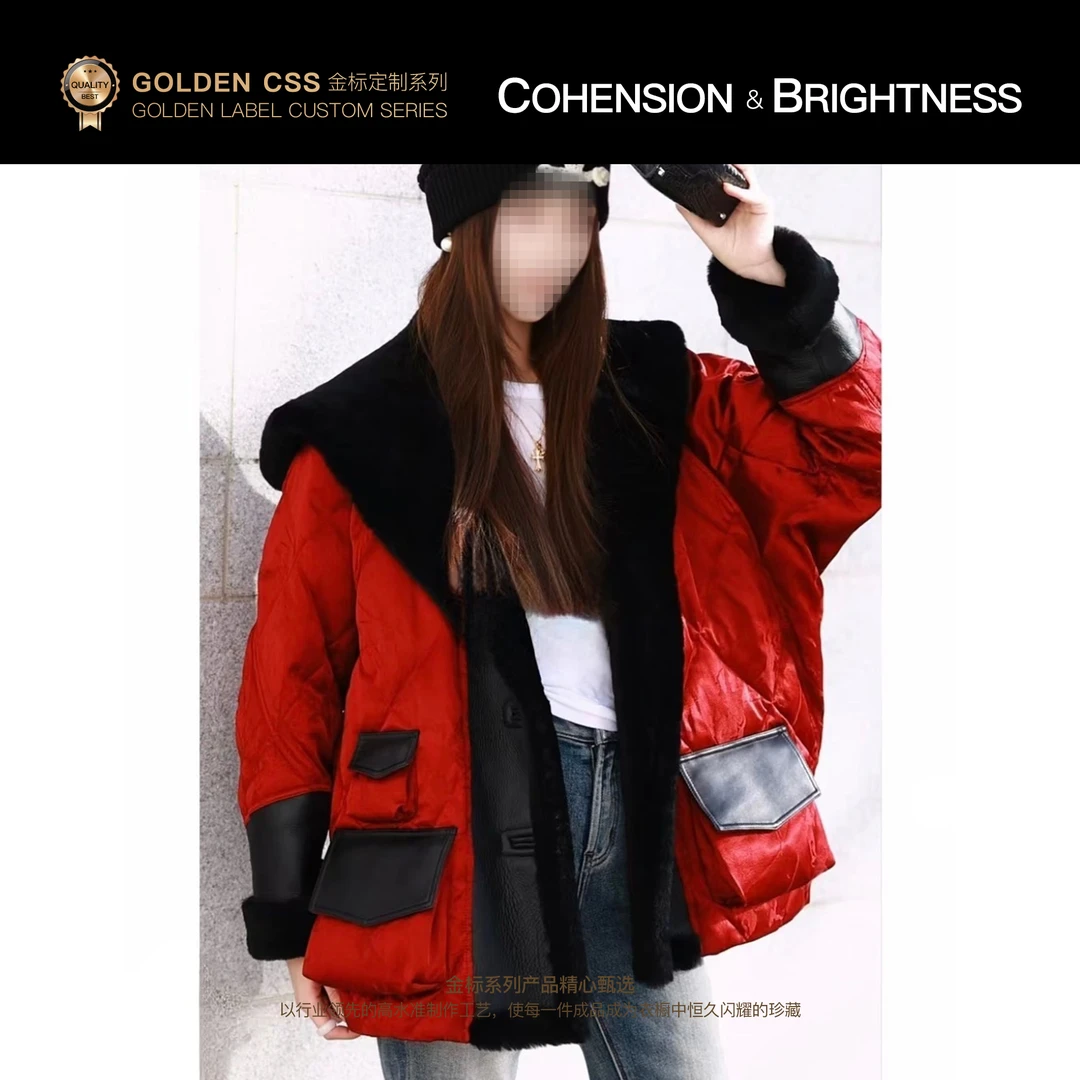 凝慧【一路长虹】95鹅绒+进口羊羔毛皮拼接翻领鹅绒宽松羽绒服YA225