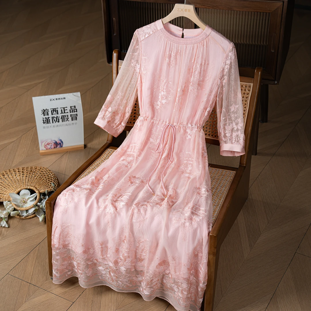 ZHUOXI/着西100桑蚕丝绣花圆领大码显瘦中长款收腰连衣裙2Q660583
