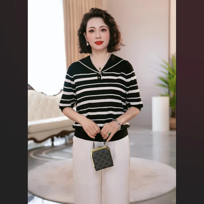 中年妈妈春装圆领针织衫2025新款洋气中老年女装t恤上衣服气质
