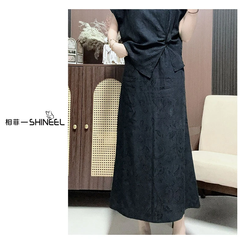 相菲原创一【半身裙】夏季亚麻提花新中式一片式裹裙气质复古长款