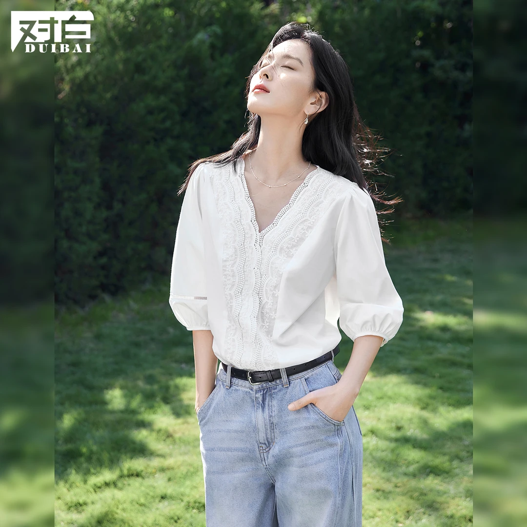 【女装优选WL】对白法式镂空花边V领白色衬衫2025泡泡袖上衣FDC145