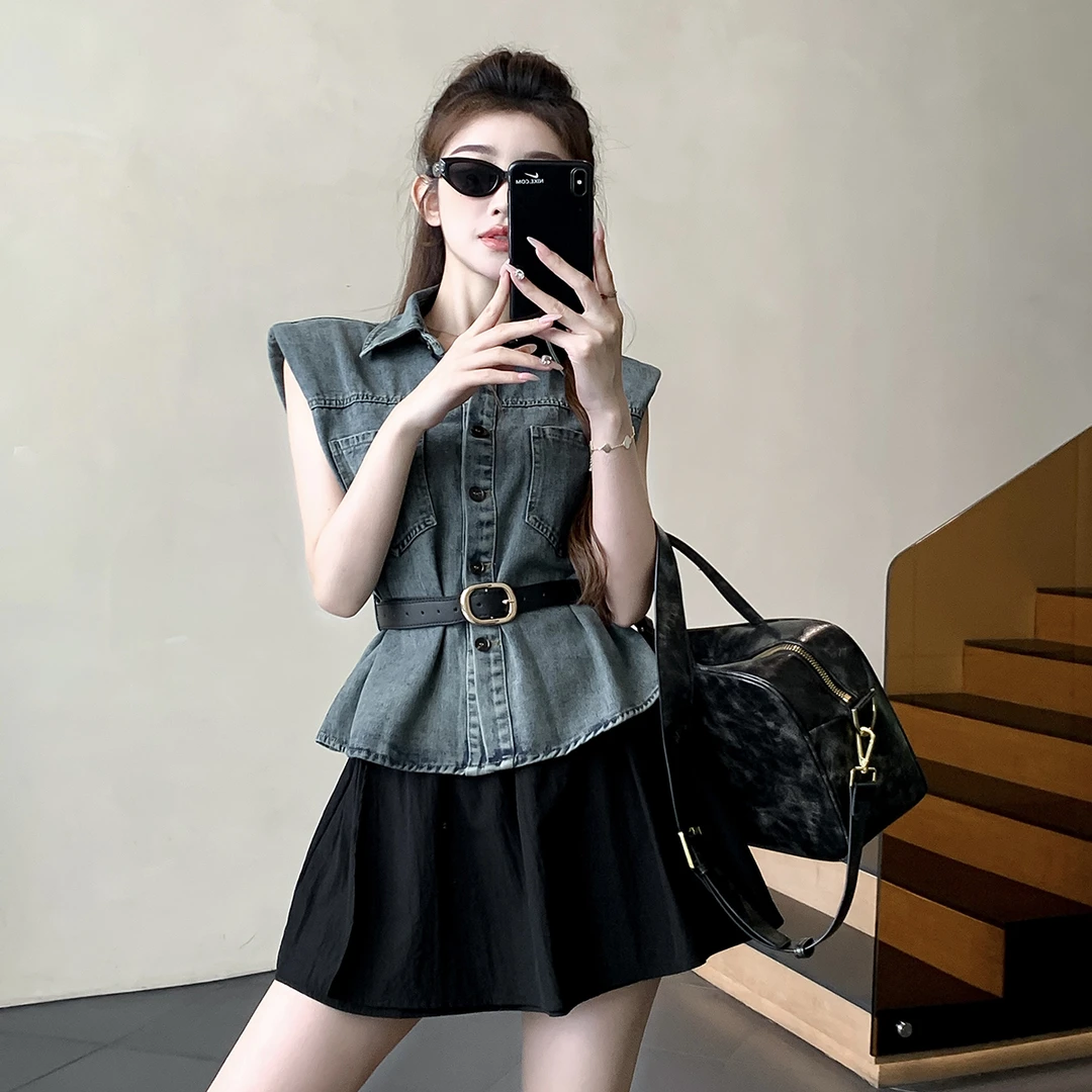 Polo领百搭显瘦单排扣气质牛仔马甲2025夏季新款松紧腰蓬蓬裙套装