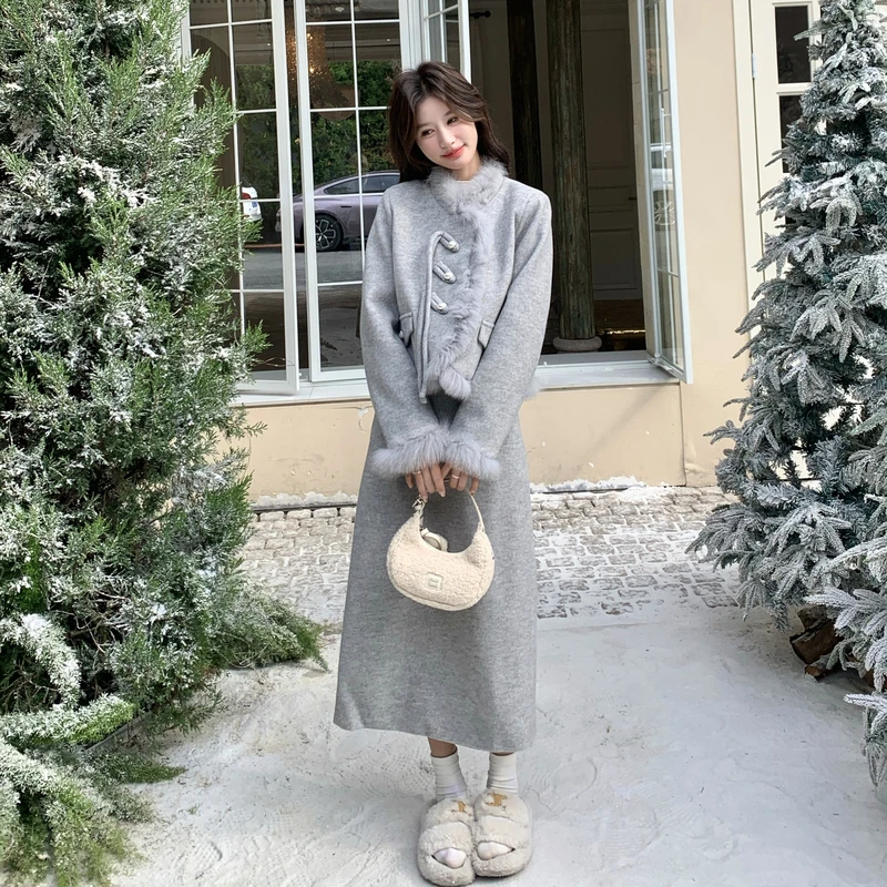 灰色小香风毛绒拼接毛呢子羽绒服半身裙套装两件套女秋冬2025新款