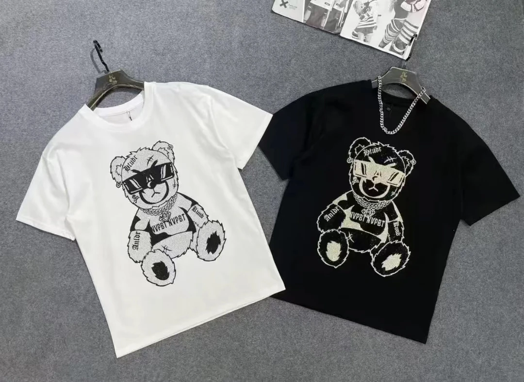 966新款潮流重工彩钻小熊满钻轻奢男士休闲时尚短袖T恤半袖