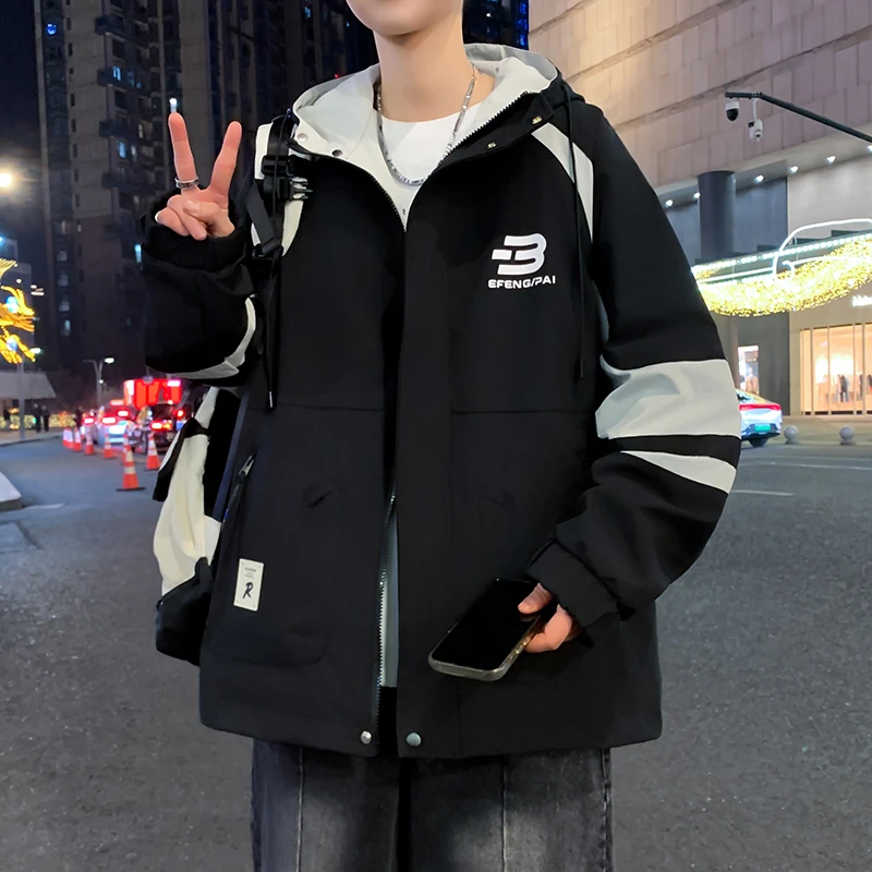 青少年连帽男士外套2025春季新款港风潮流学生宽松百搭拼接夹克男