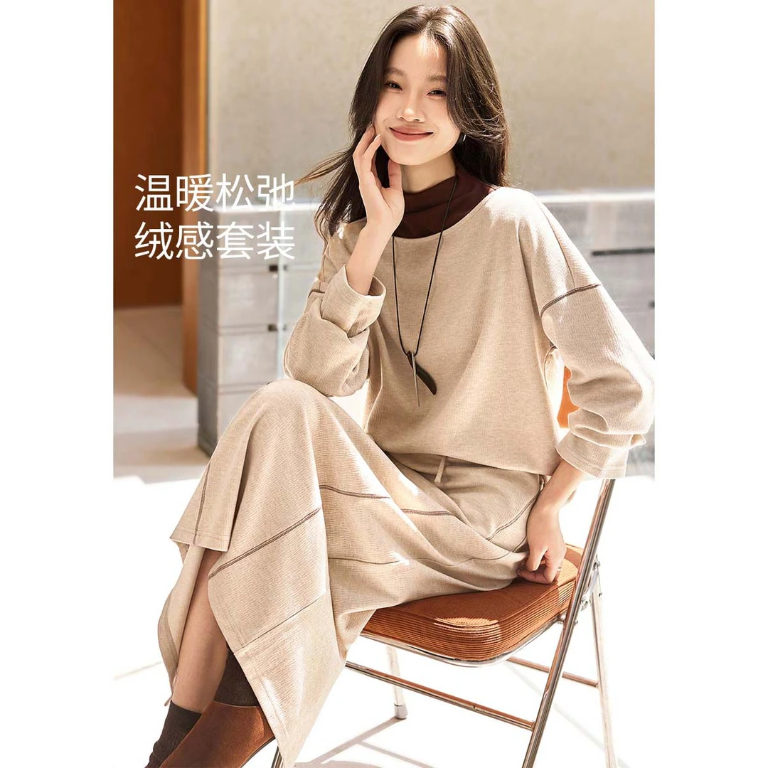 沫晗依美【轻奢运动风】25秋温暖松弛针织呢廓形卫衣长裙套装A002