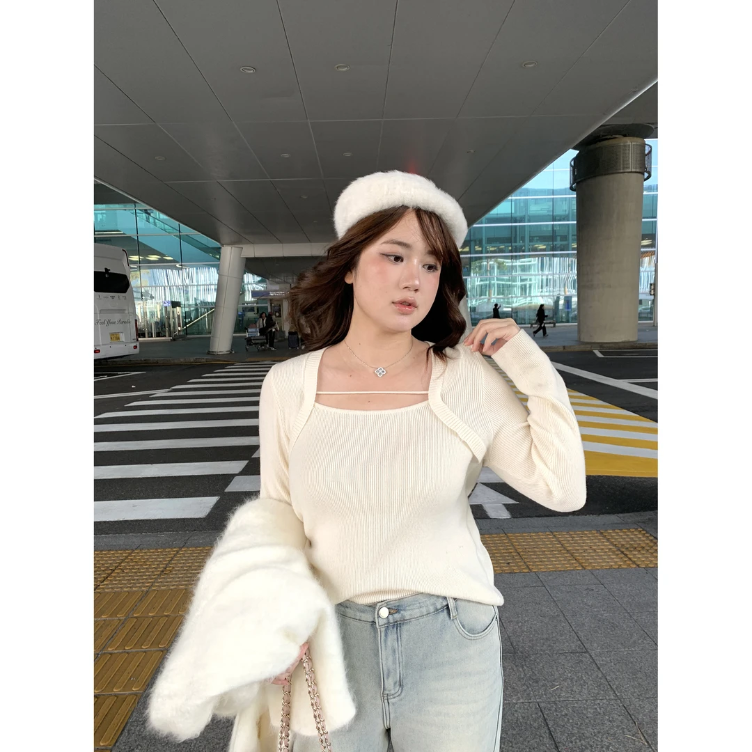 脚趾筋初雪降临 法式方领一字带绵羊毛针织衫微胖MM大码