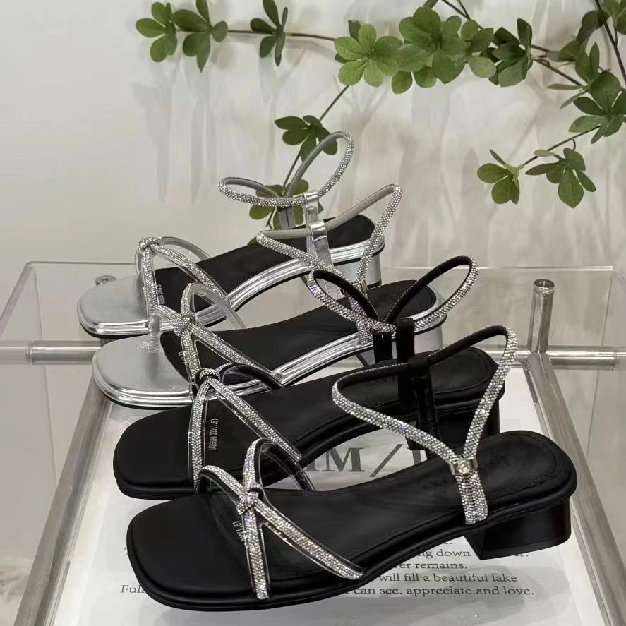 女士凉靴一字带凉鞋露趾仙女风ins水钻后空时尚粗跟平底休闲22