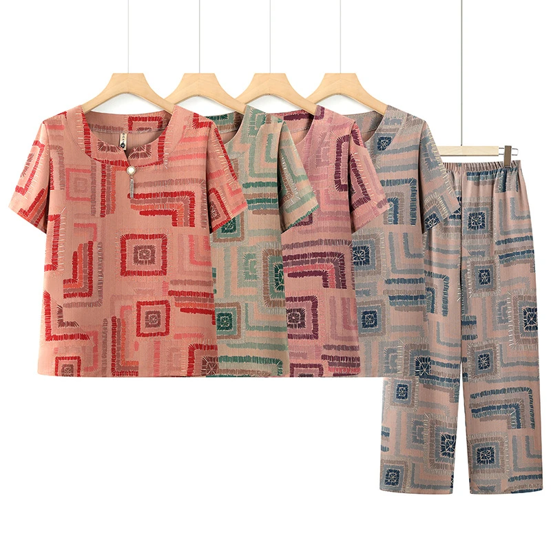 妈妈装夏季新款洋气短袖套装中老年女夏季透气两件套奶奶宽松衣服