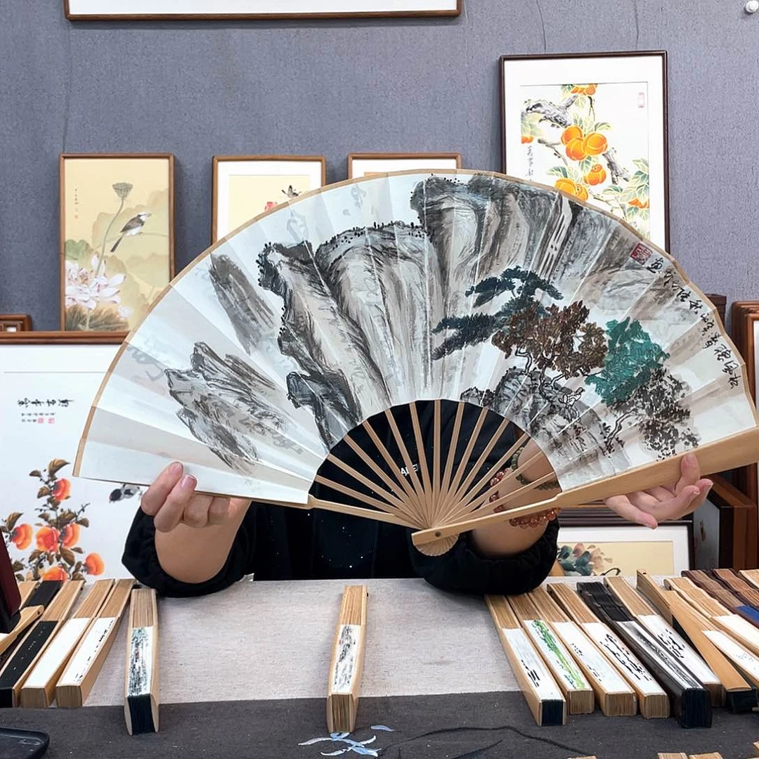 国画10寸玉竹-纯手绘-文玩扇骨（默认粘好）