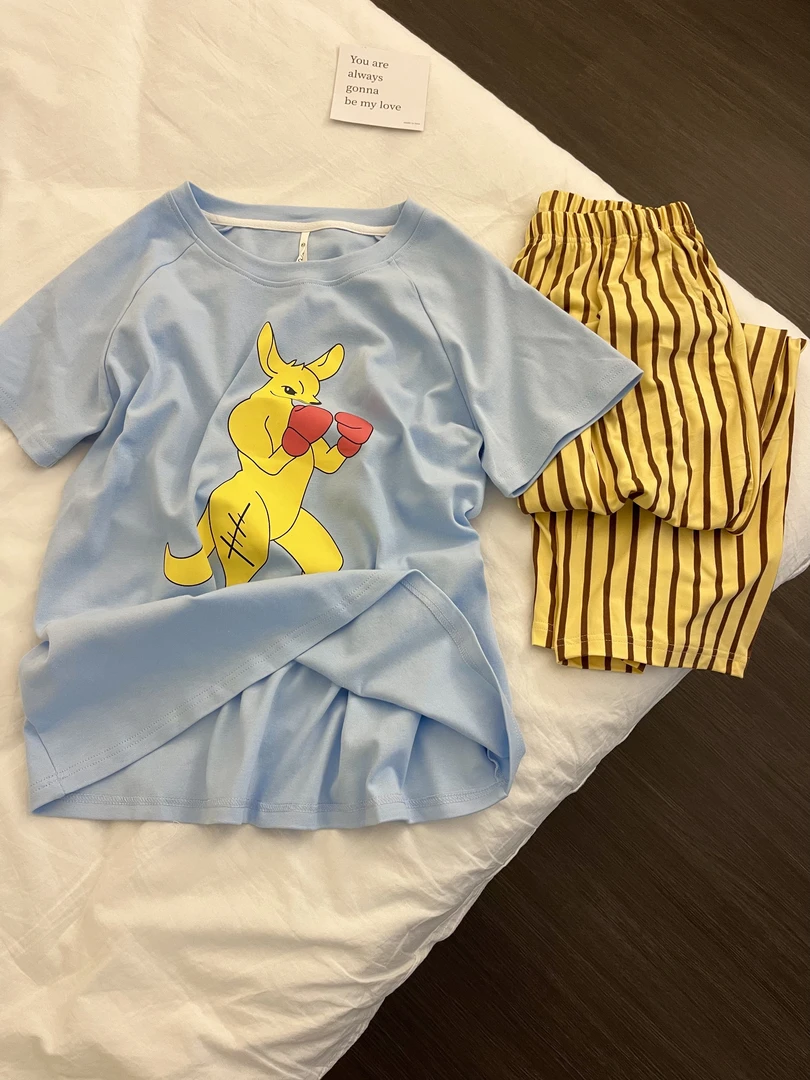 大码夏天拳击袋鼠卡通印花少女短袖睡衣女春夏款可外穿家居服套装