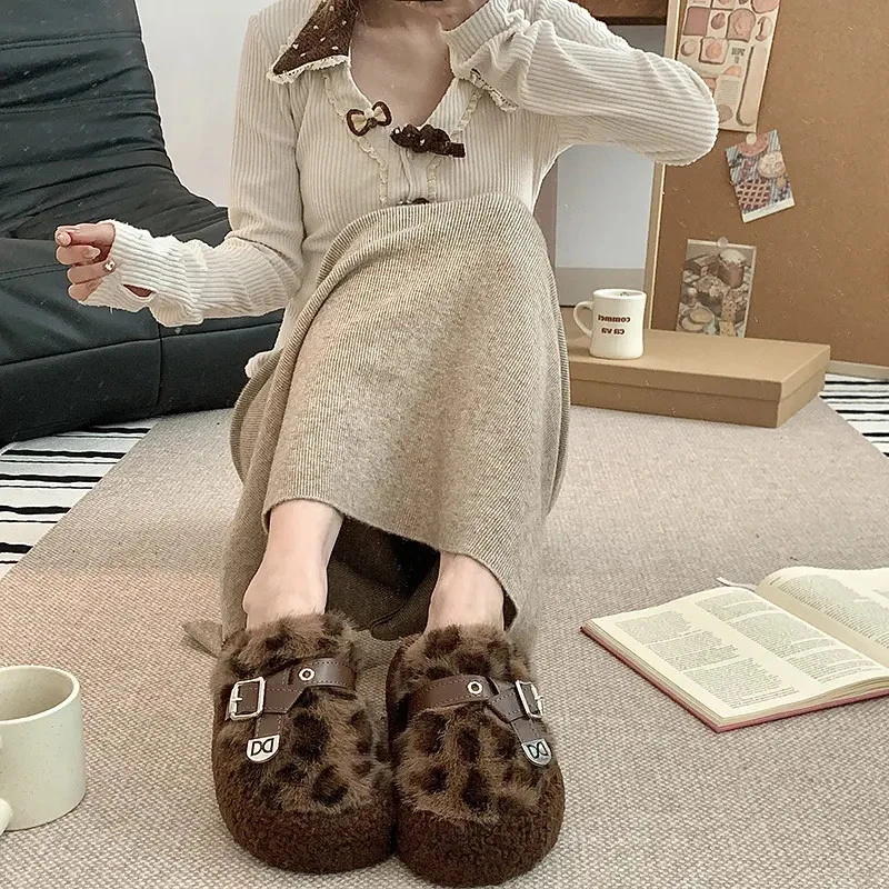 包头半拖鞋女2025秋冬新款保暖棉鞋外穿厚底半包豹纹毛毛棉拖室内