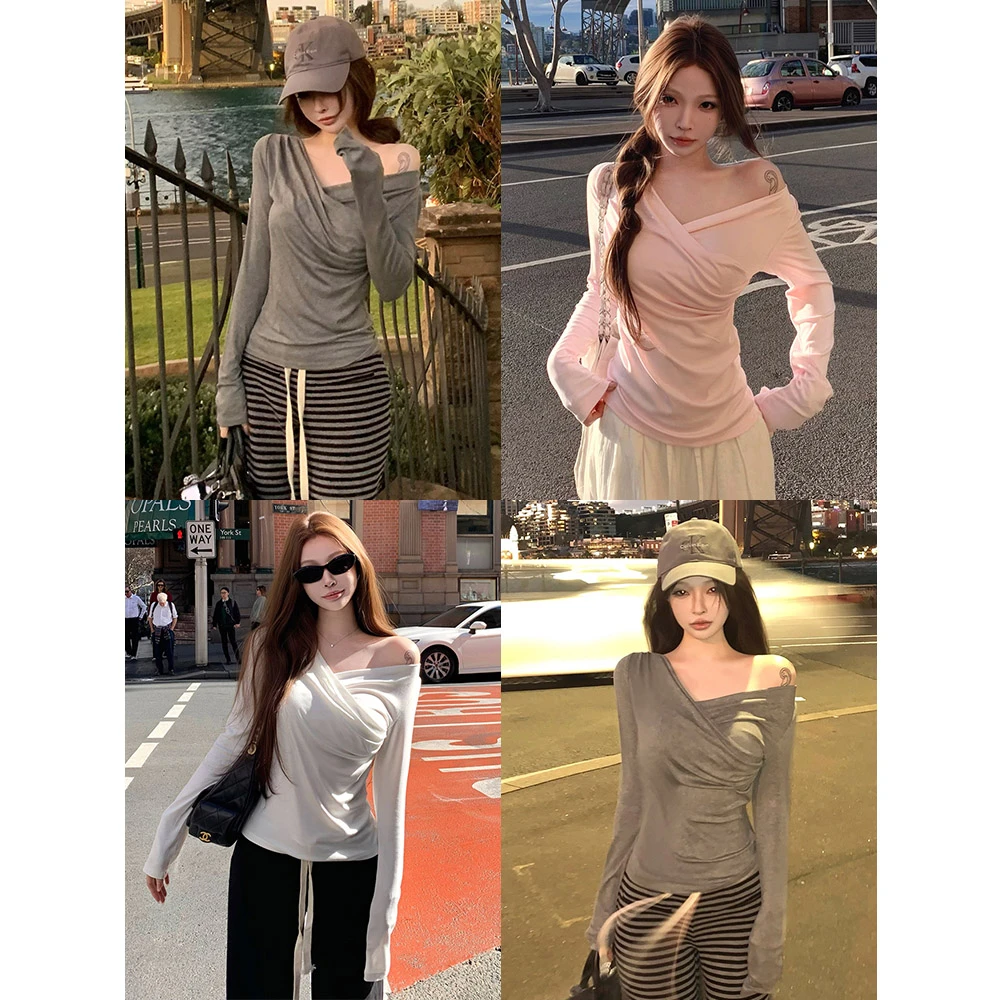 美式纯欲辣妹风大领口抽褶设计感长袖T恤女秋季新款修身显瘦上衣