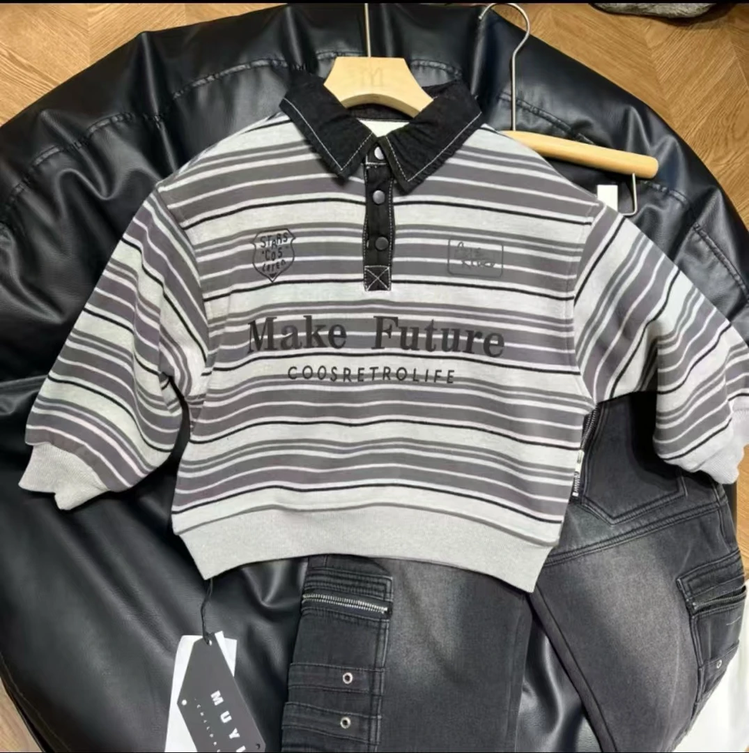 MD053（现货）韩版儿童条纹拼接翻领加绒卫衣