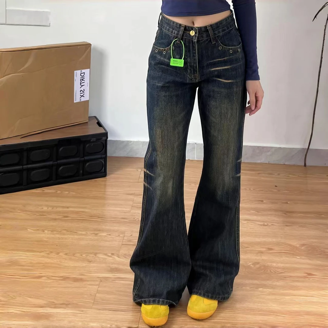 秋季纯欲慵懒风怀旧微喇牛仔裤女高腰显瘦显腿长宽松设计微喇裤子