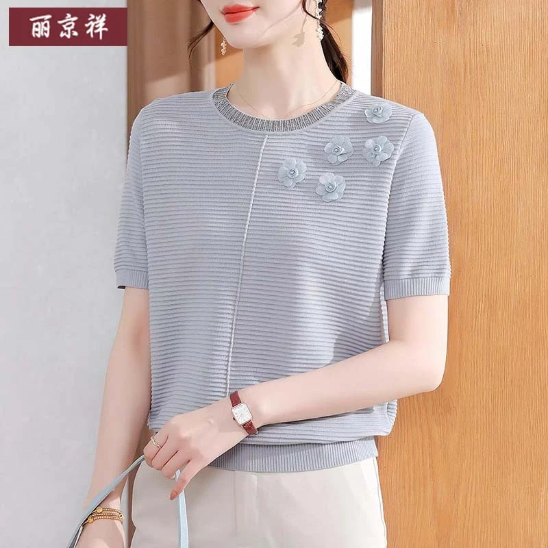 妈妈夏装2025新款气质圆领冰丝小衫中老年女装短袖T恤贵夫人上衣