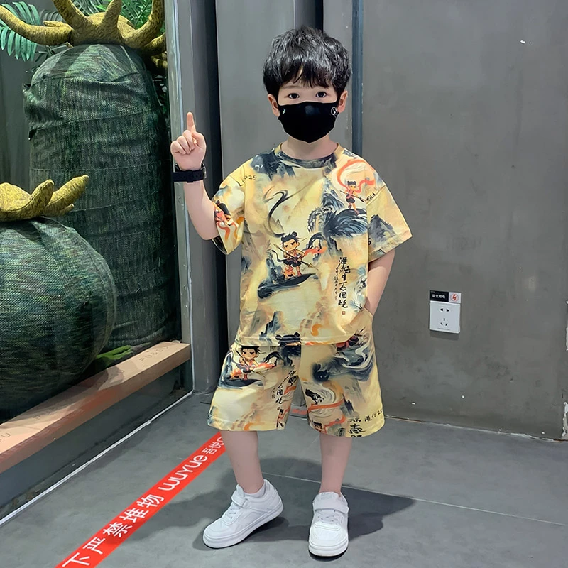 哪吒男童短袖套装2025新款儿童夏薄款帅气衣服男宝潮酷洋气两件套
