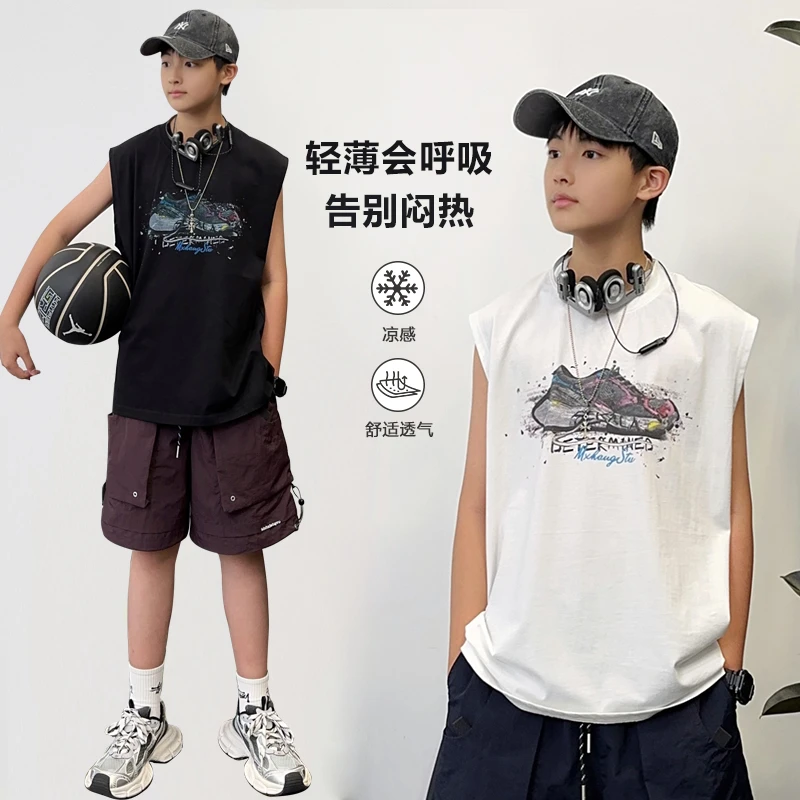 【现货】XT1793小赖家青少年背心夏季男大童圆领印花宽松无袖上衣