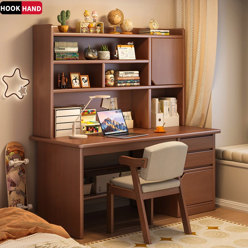实木书桌学生家用学习写字桌卧室书架一体桌子书柜靠墙成人电脑桌