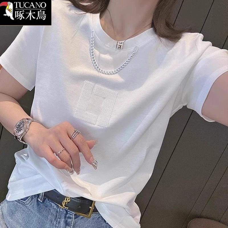 啄木鸟正品夏季短袖刺绣T恤2025年新款圆领设计感百搭潮流上衣女