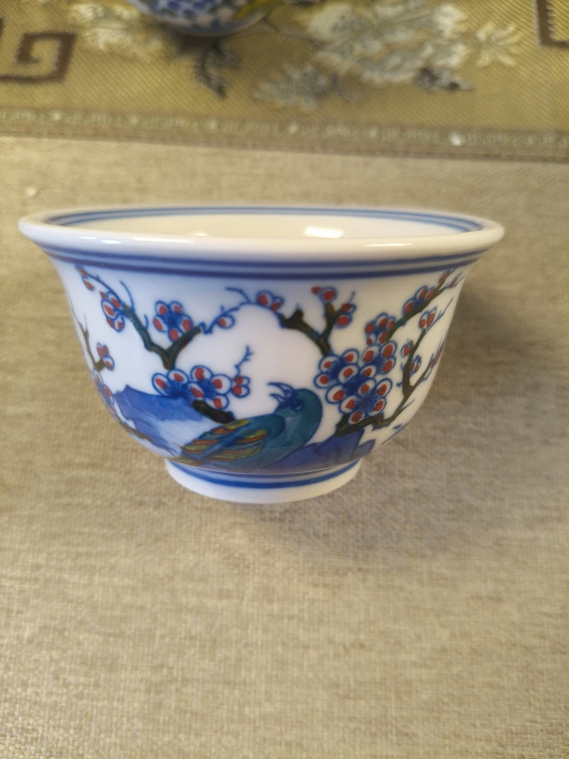 景德镇陶瓷全手工手绘红稀土釉中彩花鸟喜上眉梢压手杯