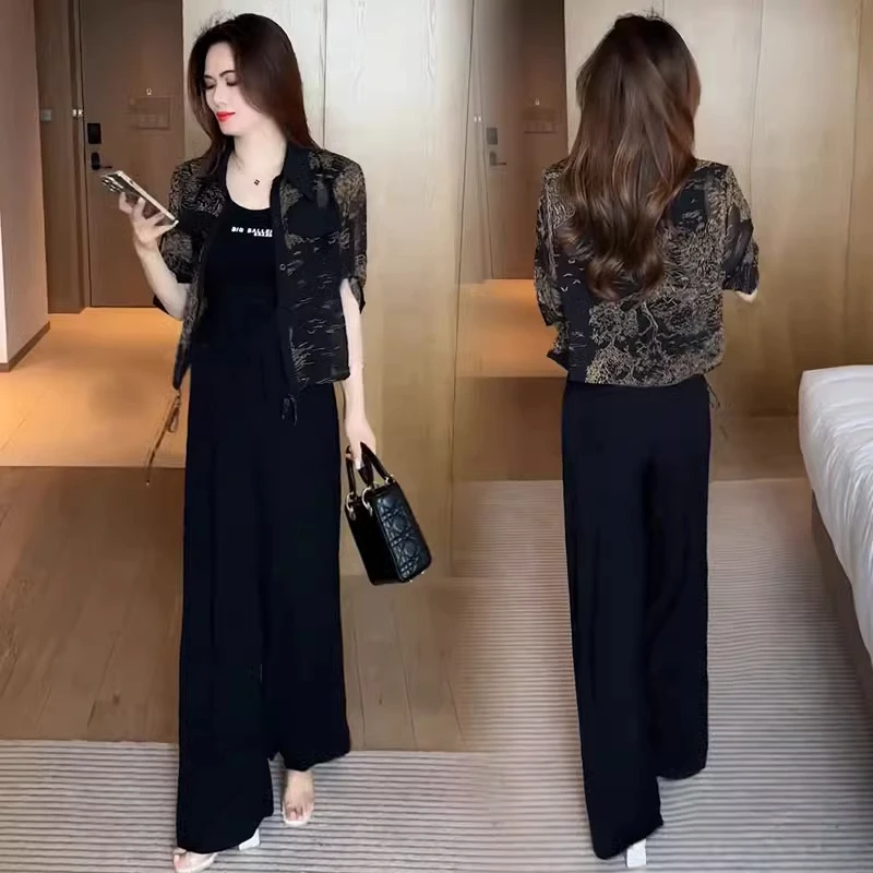 轻薄透气防晒衣衬衫套装女夏季新款宽松印花衬衣时尚洋气防晒外披