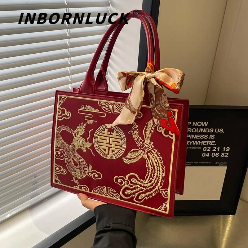 红色包包女2025新款新中式刺绣婚包单肩手提托特包婚礼结婚新娘包