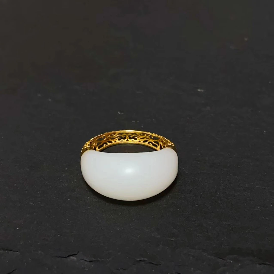 和田羊脂玉新疆白玉馒头戒指18k镶嵌时尚百搭拍下备注圈口14-18