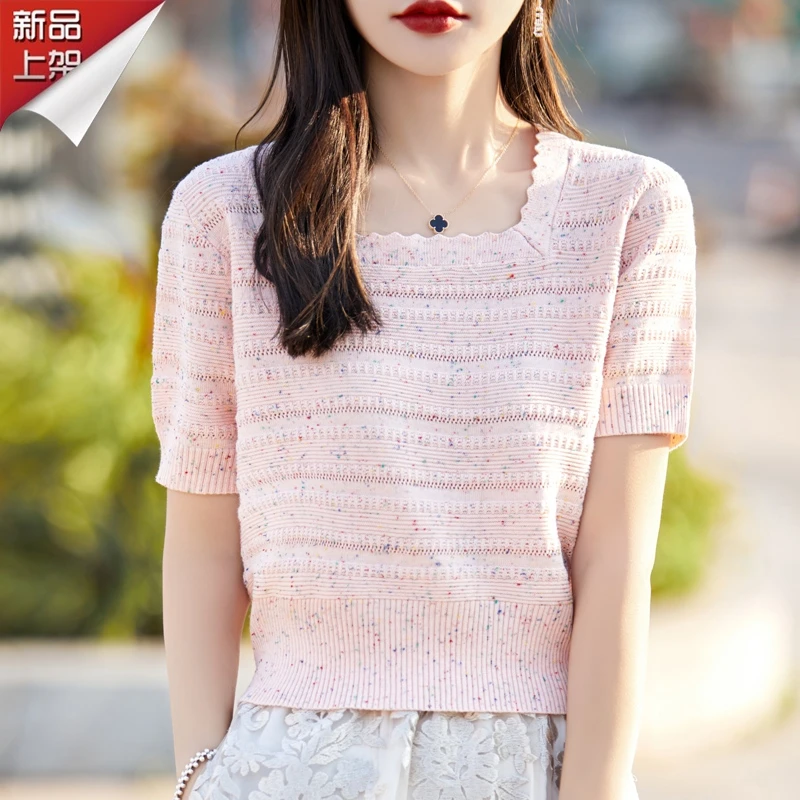 品牌2025夏季法式方领花纱短袖女装新款重工宽松时尚显瘦T恤上衣